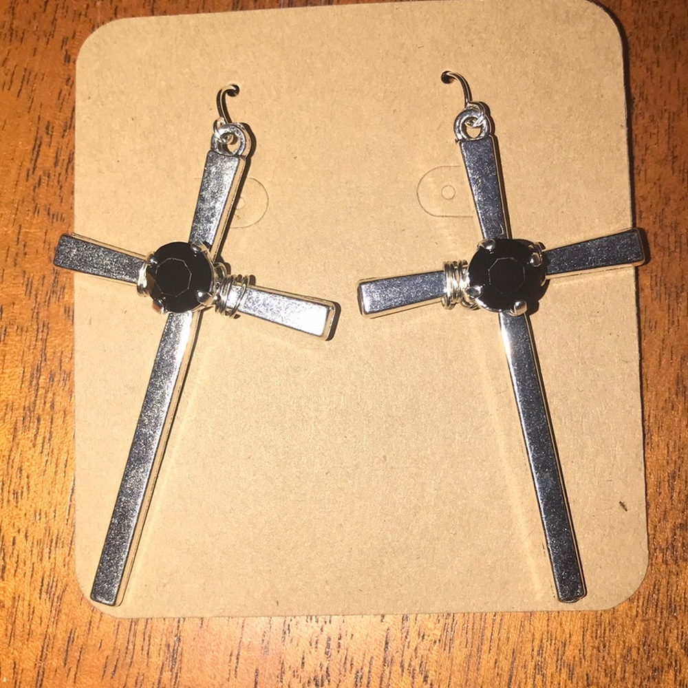 Silver cross earrings with black crystal